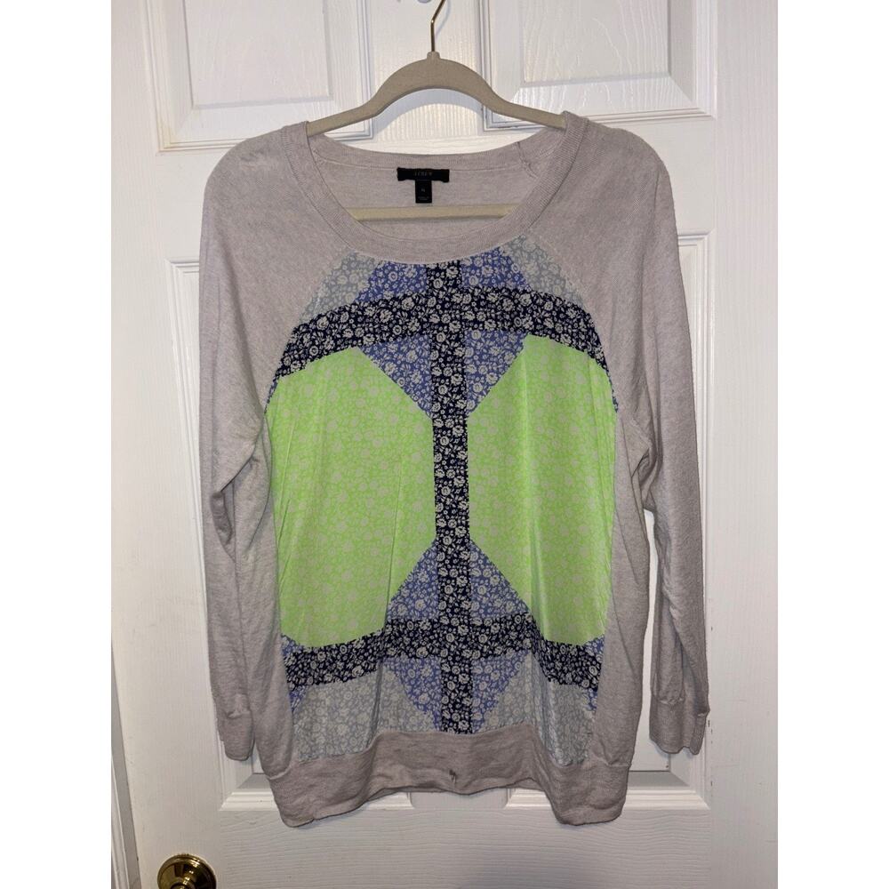 J Crew Peace Sign Patchwork Sweatshirt silk wool Light Gray Green XL 1468-A3